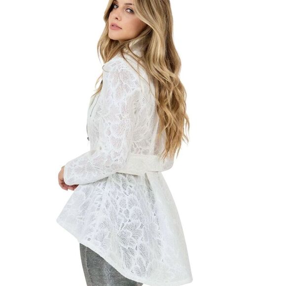 Women's Plus White Lace High Low Belted Zip Up Jacket S, M, L - Picture 4 of 7